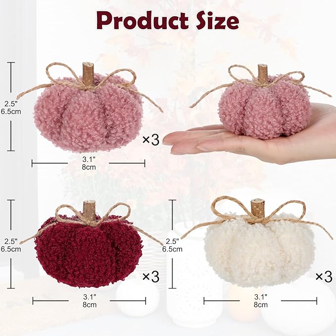 Fake Fall Pumpkin Decorations for Home, 9 Pcs Artificial Mini Fabric Pumpkins Autumn Decor, Fake Pumpkins for decorating, Fall Table Centerpiece Harvest Decor, Halloween, Thanksgiving, Burgundy & Pink