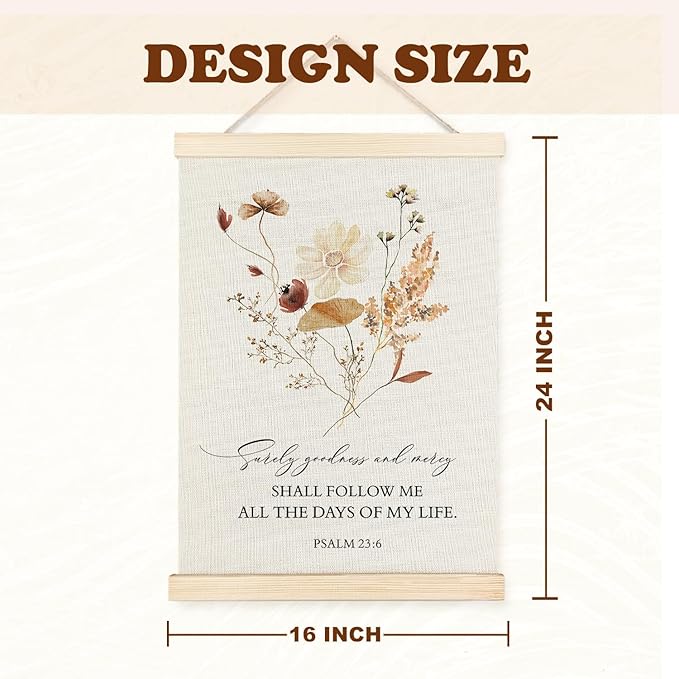 Supwhd Boho Floral Christian Wall Art with Wooden Poster Hanger, Goodness and Mercy Shall Follow Me Posters Wall Art Decor, Christian Wall Decor for Home Room, 16x24