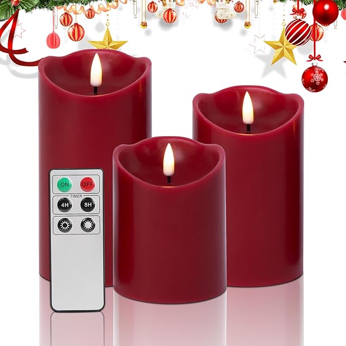 Eywamage Red Flameless LED Pillar Candles with Remote, Real Wax Flickering Battery Operated Christmas Candles Set of 3