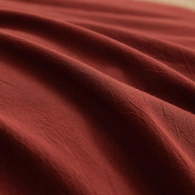 BESTOUCH Duvet Cover Set 100% Washed Cotton Linen Feel Super Soft Comfortable Chic Lightweight 3 PCs Home Bedding Set Solid Fired Brick Red Full/Double