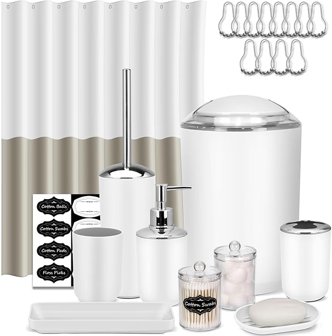 IMAVO Bathroom Accessories Set,White Bathroom Set,9 Pieces Bathroom Accessory Set with Shower Curtain,Qtip Holders,Toilet Brush,Trash Can for Bathroom Décor and Home Gifts