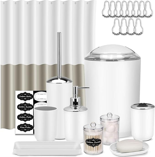 IMAVO Bathroom Accessories Set,White Bathroom Set,9 Pieces Bathroom Accessory Set with Shower Curtain,Qtip Holders,Toilet Brush,Trash Can for Bathroom Décor and Home Gifts
