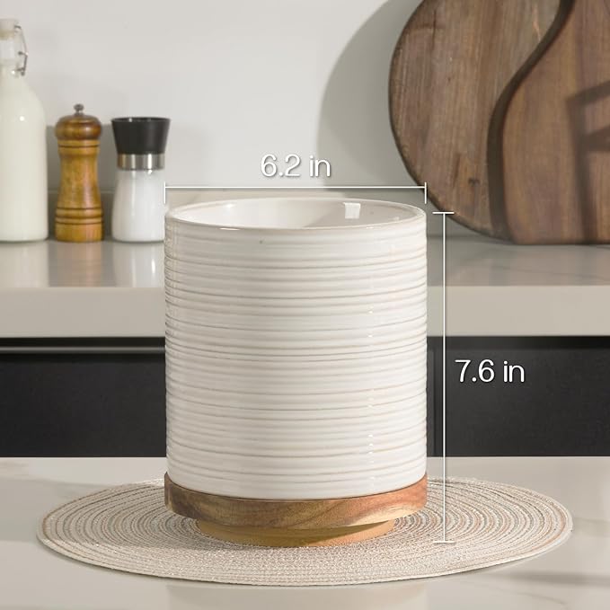 DOWAN 360° Rotating Extra Large Cooking Utensil Holder, 7.6" Kitchen Utensil Holder for Countertop, Utensil Crock for Farmhouse Kitchen Decor, Ceramic Stable Utensil Caddy, Soft White