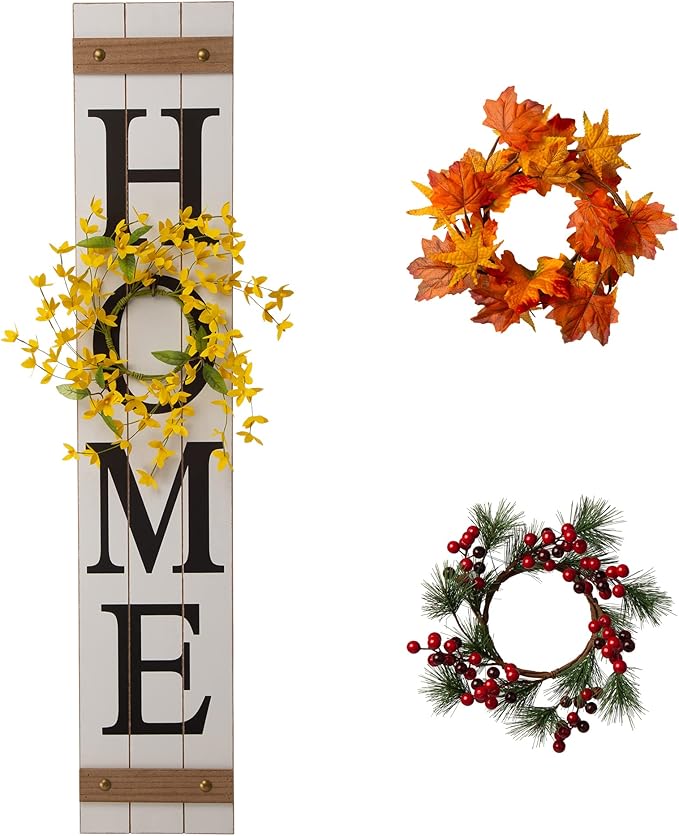 Glitzhome Wooden Welcome Home Porch Sign with Interchangeable Wreaths for Front Door, Vertical Farmhouse Standing Home Sign, Hanging Wall Sign for Year Spring Fall Thanksgiving Christmas, 42”H, White