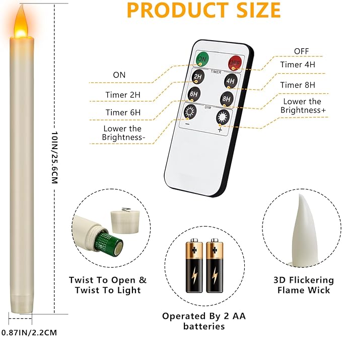 Flameless Taper Candles 10" Dripless Battery Operated with Remote Timer 6 Pack, 400+ Hours by 2 AA Batteries for Home Decor, Candlelight Dinner, Weddings