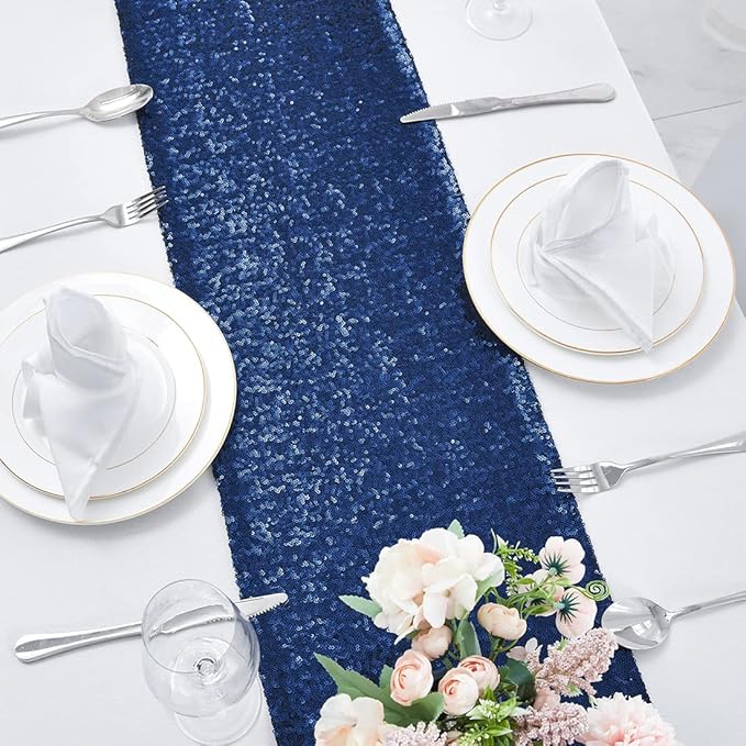 6 Packs 12 x 108 inches Navy Blue Sequin Table Runner, Glitter Navy Blue Table Runner for Wedding Birthday Bachelorette Holiday Party Supplies Decorations Bridal Shower Baby Shower