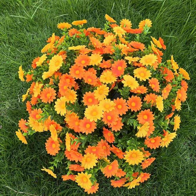 Artificial Fake Flowers Plants for Outdoor Decoration, Faux Flower Yellow Orange Daisy with Eucalyptus Leaves for Planter Front Door Porch Patio Balcony Decoration, 10 Bundles