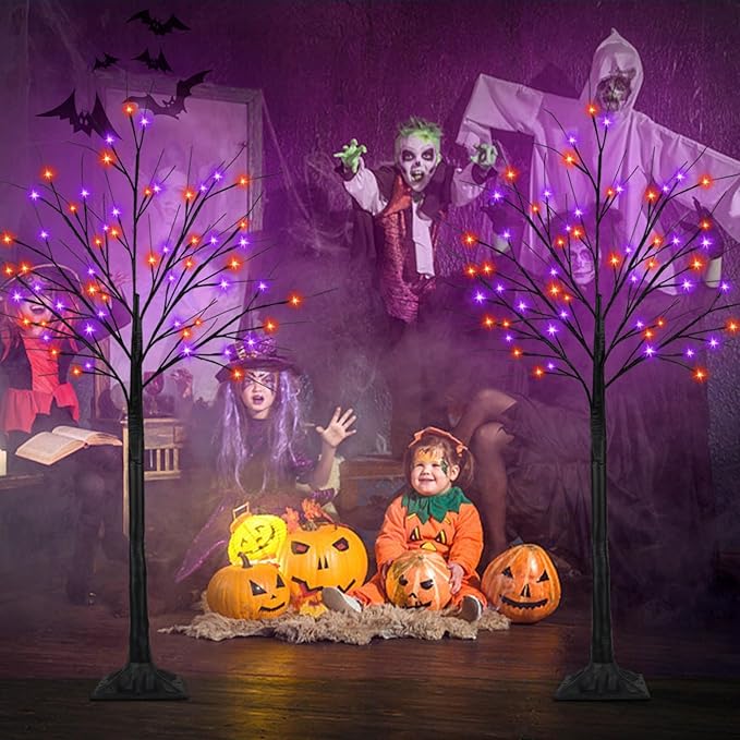 2Pack 5FT 200LED Black Halloween Tree with Lights, Timer Function with Higher Size Black Tree with Purple and Orange Lights, Spooky Light up Trees for Indoor Outdoor Party Garden Halloween Decorations
