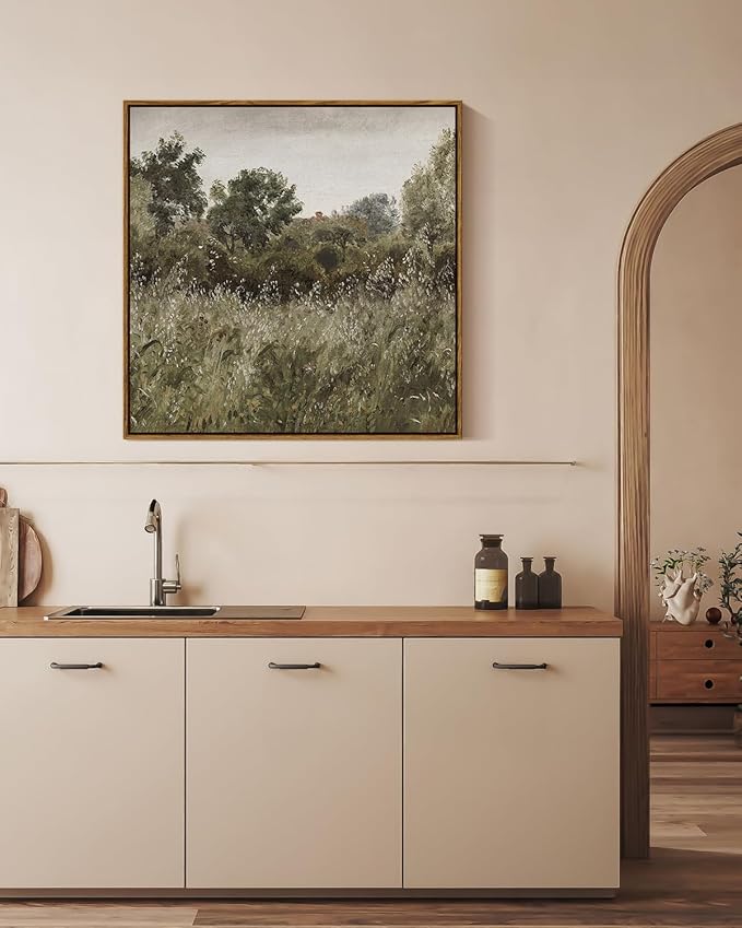 InSimSea Square Framed Canvas Wall Art, Large Decor Field of Oats Grassland Paintings, Nature Scenery Wall Pictures for Bedroom Living Room, Canvas Prints Vintage Country Decor 24"x24"