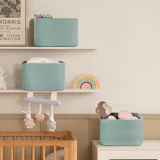 4 Pack Storage Baskets for Organizing Toys, Towels, and Clothes, Woven Basket for Shelves, Sturdy Nursery Cube Bins for Storage, 13''L x9''W x7.8''H, Frosty Green