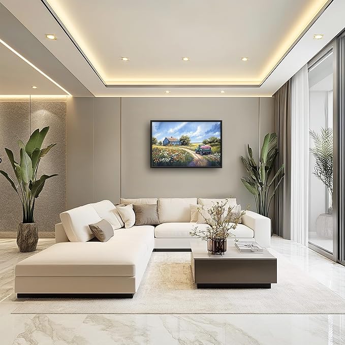 Flintis Large Farmhouse Barn Framed Wall Art Country Green Truck Flowers Pictures Wall Decor Abstract Canvas Painting Print Artworks Decor Framed for Living Room Bathroom Master Bedroom 36L X 24W