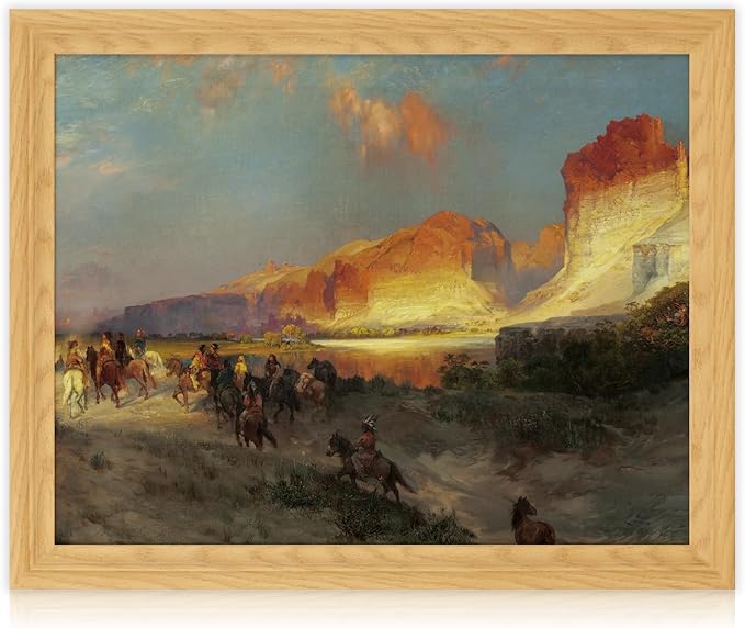 Brivoria Framed Canvas Wall Art Vintage Decor, Majestic Autumn Western Landscape with Horsemen, Red Cliffs and Fiery Sunset Sky for Living Room Bedroom Dining Room Fireplace or Gallery Display, 16x20