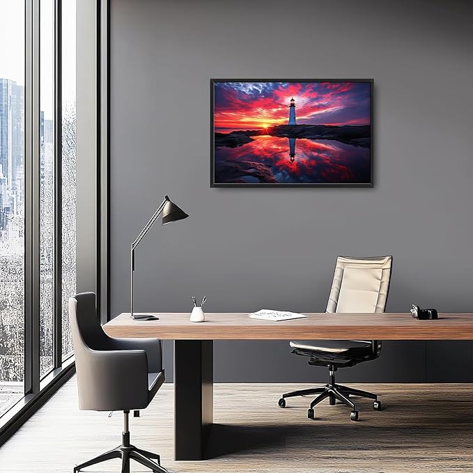 Olivine Lighthouse Wall Art, Nautical Coastal Pictures Wall Decor, Beach Sunset Paintings, Ocean Canvas Prints, Framed Artwork for Bathroom Bedroom Living Room Office Home Decoration 36"x24"