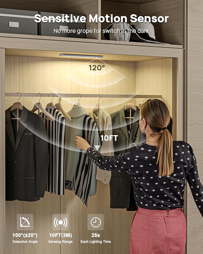 Under Cabinet Lights Wireless,Motion Sensor Light Indoor Closet Lights with Remote Control,3 Color Temps,LED Rechargeable Battery Operated,Under Counter Lights for Kitchen,Wardrobe,Stairs,5 Pack