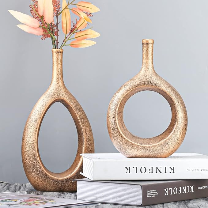 Gold Ceramic Hollow Elliptical Vase Set of 2 - Boho Circle Vase with Hole, for Modern Gold Table Decor, Living Room Decor Shelf mid Century Modern Home Entrance Decorative vase