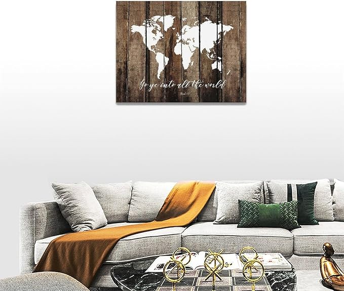 Large World Map Wall Art Rustic World Map Pictures Wall Decor Go Ye Into All The World and Preach The Gospel Canvas Painting Print Home Artwork Framed for Living Room Bathroom Master Bedroom 16"x12"
