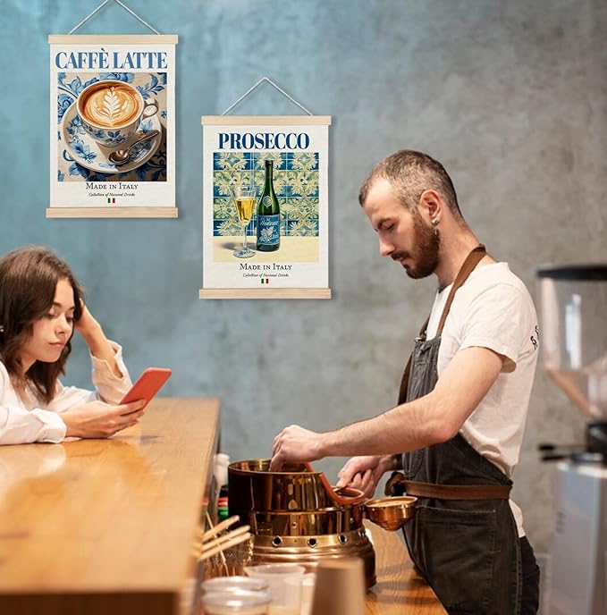 Yomisex Italy Caffè Latte Prosecco Wall Art Poster, Traditional Italian Beverage on Maiolica Tiles Canvas Prints Wall Art Framed for Kitchen Coffee and Wine Bar Decor, 12x16 Inch Set of 2