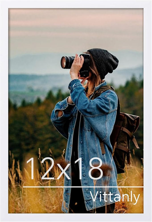 Vittanly 12x18 Poster Frame for Wall, Plexiglass, Displays Picture 11x17 with Mat or 12x18 without Mat, PVC Frame Material, Horizontal or Vertical Hanging, 1 Pack, White