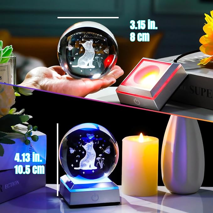 Ornalrist Cat Gifts for Women, Mom - 3D Crystal Ball 3.15'' Engraved Cat Butterfly and Carnation with LED Light Base - Cat Lovers Figurine Collection for Home Decor