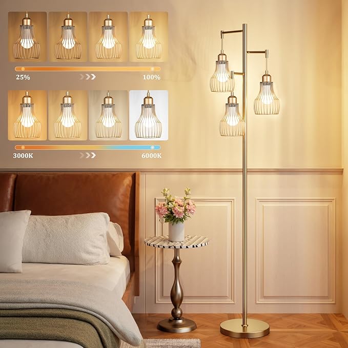 Dimmable Gold Floor Lamps for Living Room, Farmhouse Tree Standing Tall Lamp with Remote Control 3 Elegant Cage Shade LED Bulbs for Bedroom Office - Gold