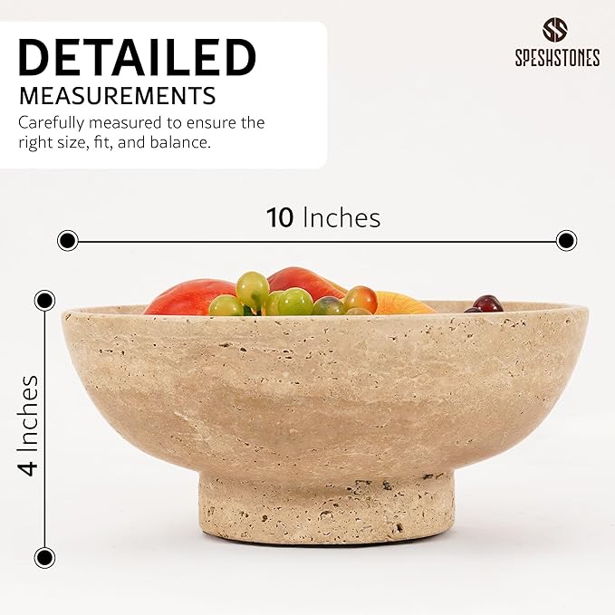 Marble Fruit Bowl 10 Inch Handmade Large Decorative Bowl for kitchen Counter - Modern Travertine Serving Dish for Fruits & Snacks - Pedestal Bowls for Dining Room & Coffee Table Decor