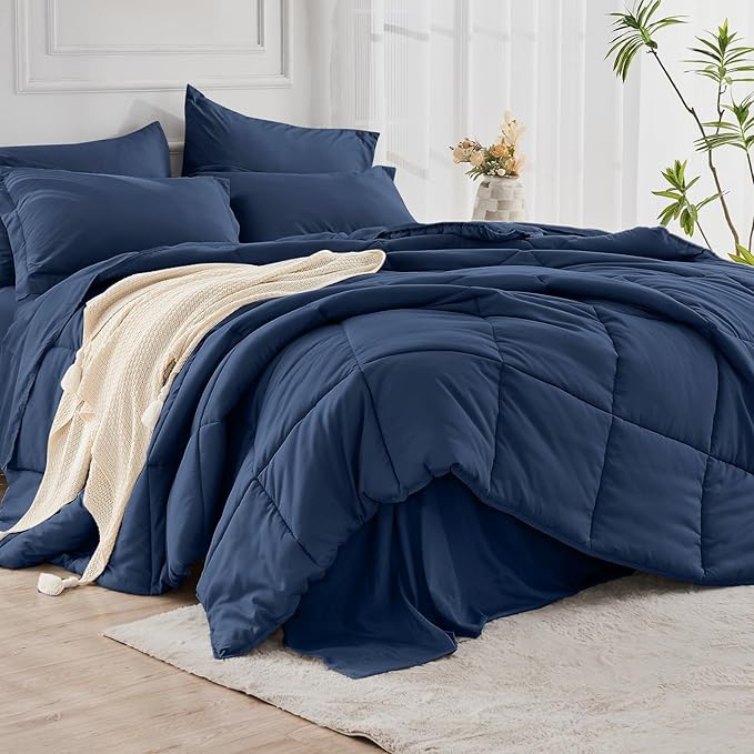 JOLLYVOGUE Queen Comforter Set, Ultra-Soft Bed in a Bag Queen Size 7 Pieces, Oeko-TEX Certified Bedding Set with Down Alternative Comforter, Sheets, Pillowcases & Shams, Navy