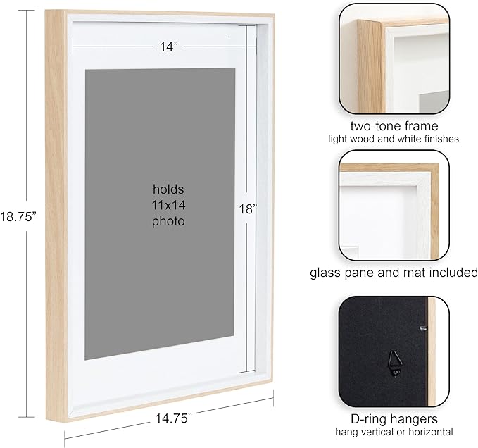 Kate and Laurel Gibson Modern Wall Picture Frame Set of 3; 14x18 matted to 11x14; White and Natural; Modern Three-Piece Frame Set for Gallery Wall Frame Set in Living Room Wall Decor