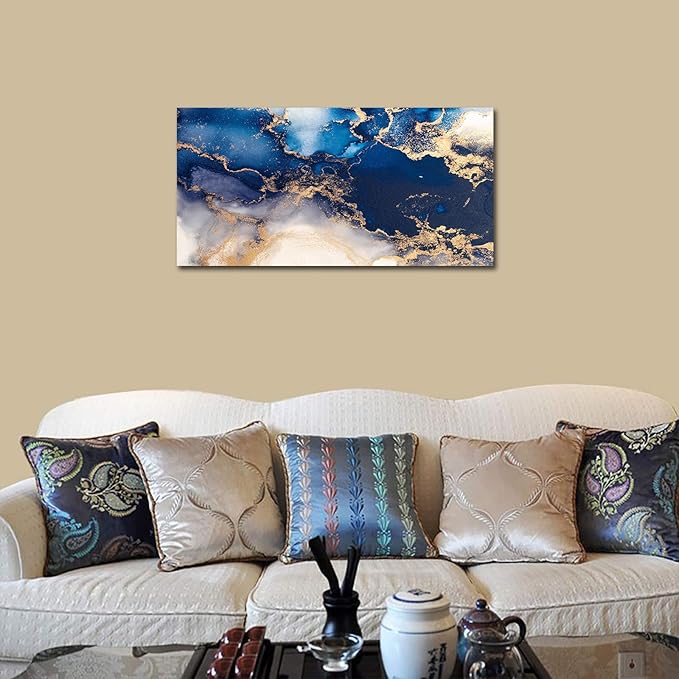 NINEASO Blue Quasi-Gold Wall Art - Deep Blue Ocean Pictures for Home Decor Modern Elegance Canvas Print Wall Decor Vast Ocean from Above Abstract Artwork for Living Room Bedroom 20" x 40"