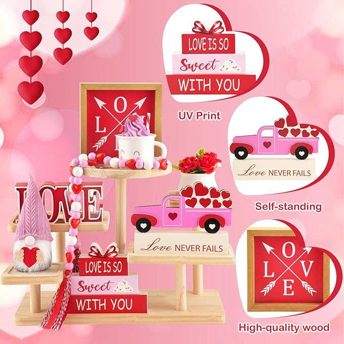 8 Pieces Valentine's Day Tiered Tray Decor, Valentine Home Table Tray Shelf Decor Gifts, Tray Objects Decoration Bundle Plush Gnome Ceramic Wood Sings Bead Garland Love Plaques Decorative Set