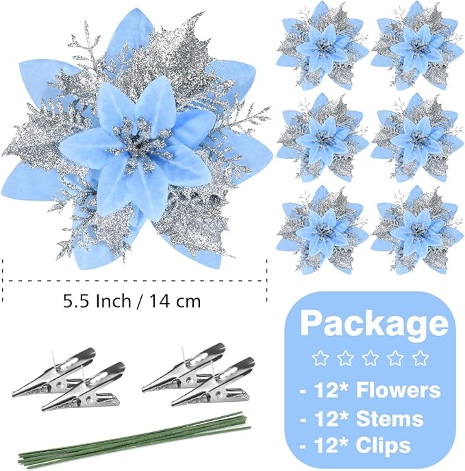 Christmas Poinsettia Artificial Flowers Decorations 5.5" Christmas Tree Wreaths Garland Decoration 12 Pcs Glitter Flowers Picks Decor for Xmas Wedding Party Ornaments (Light Blue)