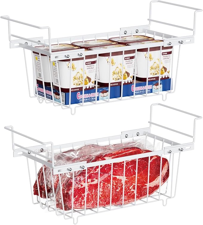 iSPECLE Freezer Organizer Bins - Expandable from 15.8" to 18.1", Fit 7 Cu.Ft Deep Freezer, Hanging Baskets for Chest Freezer, Easy Slide Access, 2 Pack, White