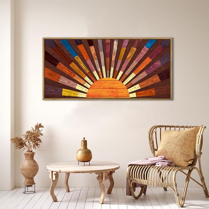 IARTTOP Extra Large Boho Sun Wood Wall Art for Living Room Wooden 3D Framed Abstract Sun Rising on the Horizon Geometric Wall Decor Mid century Sunshine Artwork Home Bedroom Office20 * 40 Inch