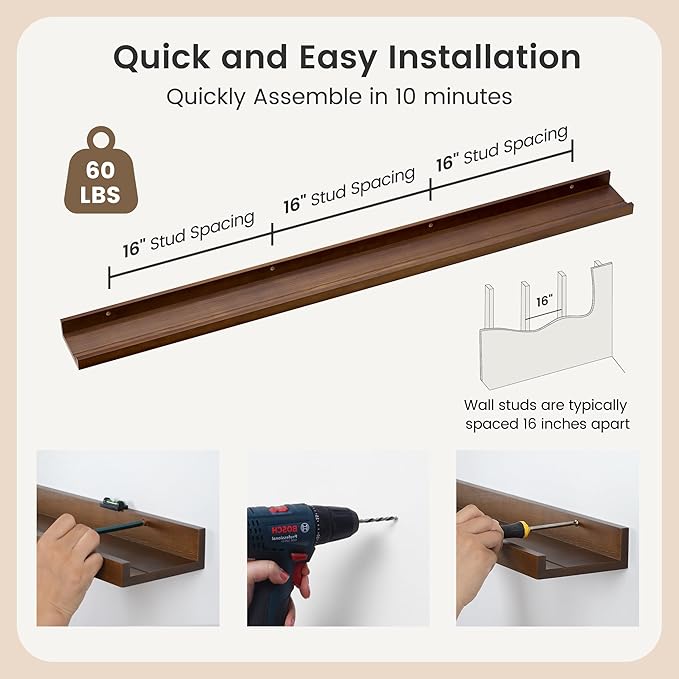 Picture Ledge Wall Shelves 56 inches Width Set of 3, Solid Pine Wood Rustic Floating Ledge Shelves for Wall for Kids' Room Bedroom Kitchen Bathroom Long Floating Shelves for Wall Decor, Walnut