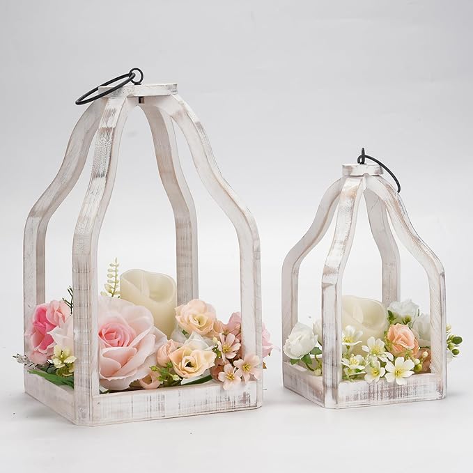 Romadedi Farmhouse Decorative Lantern Wooden - Set of 2 Rustic Wood Lanterns Candle Holder for Wedding Table Centerpieces Indoor Outdoor Fireplace Mantle Home Decor, Whitewashed