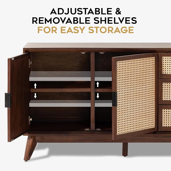 Bme Rattan Pre-Assembled Buffet Sideboard with 3 Drawers & 2 Doors, 58" Accent Console Table Living Room, Kitchen, Dining, Walnut, Jasper Storage Cabinet