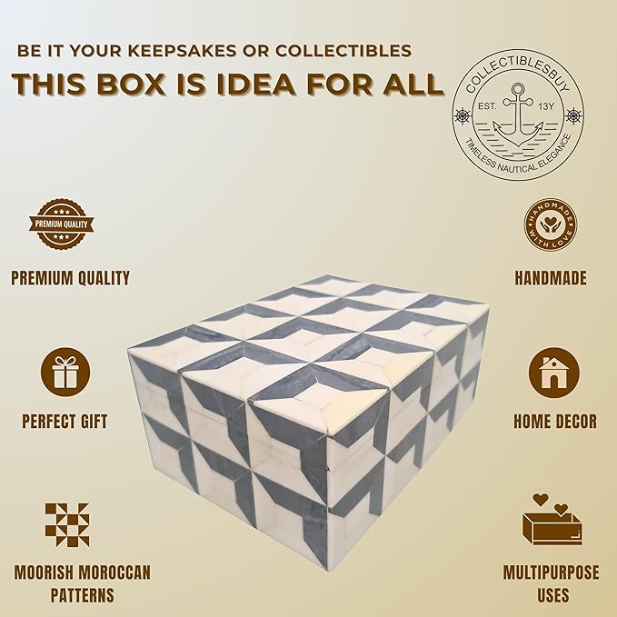 collectiblesBuy Handmade Bone Inlay Jewelry Storage Box – Rectangular Decorative Organizer with White Grey Yellow Design – Unique Keepsake Gift for Home Décor