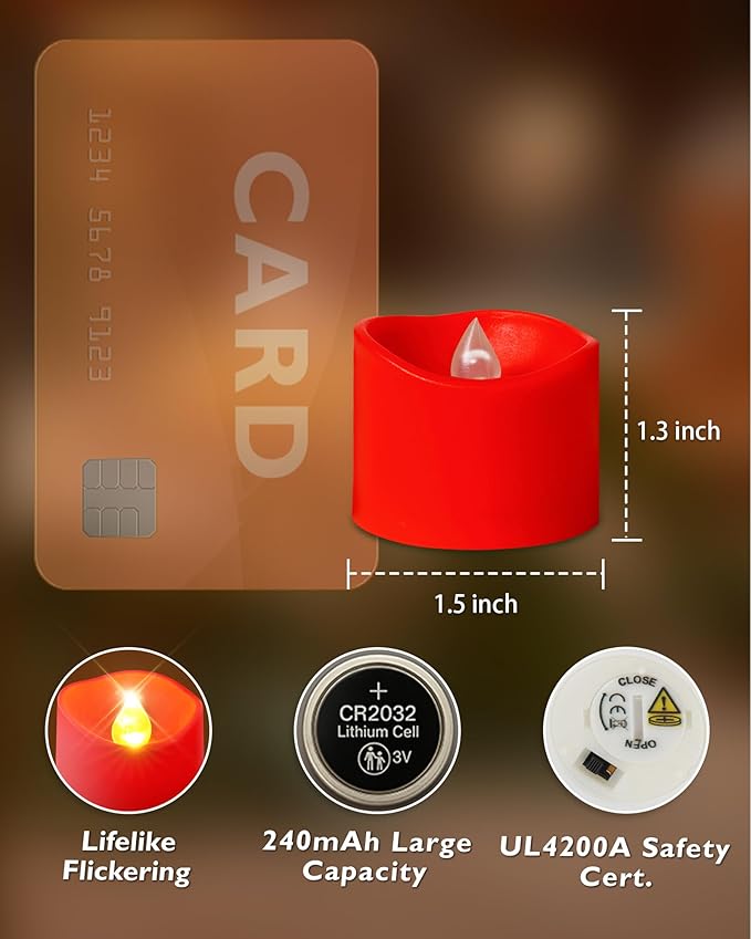 Homemory Red Tea Lights Candles Battery Operated, 200+Hour Flameless Flickering Fake Electric LED Colored Tealights Candles for Party, Wedding, Anniversary, Halloween, Christmas, 24-Pack