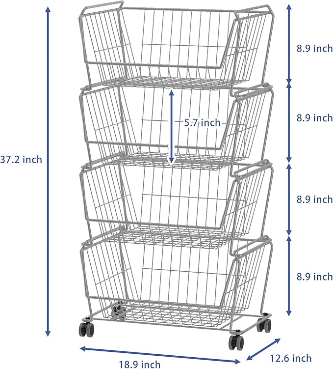 PUSDON 4-Tier Stackable Metal Storage Baskets, Anti-Rust Fruit Vegetable Rack, Dual Use Shelf for Kitchen, Home & Office, Silver Grey