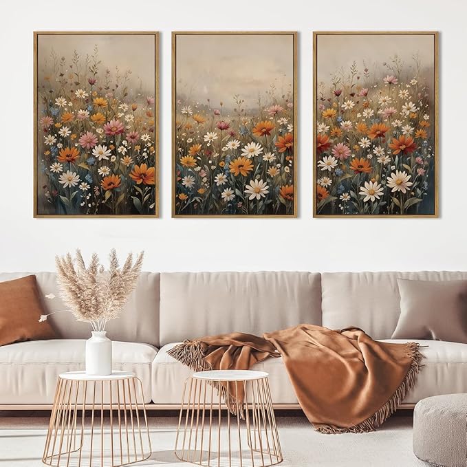 IARTTOP Large Vintage Wildflower Canvas Wall Art Framed 24x36x3 Misty Moody Botanical Art Prints Calming Nature Floral Landscape Wall Decor for Living Room Bedroom Office