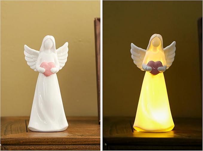 ADAVAS.Y&G Porcelain Lighted Angel Figurine with Pink Heart, Best for Your Loved one 7" H