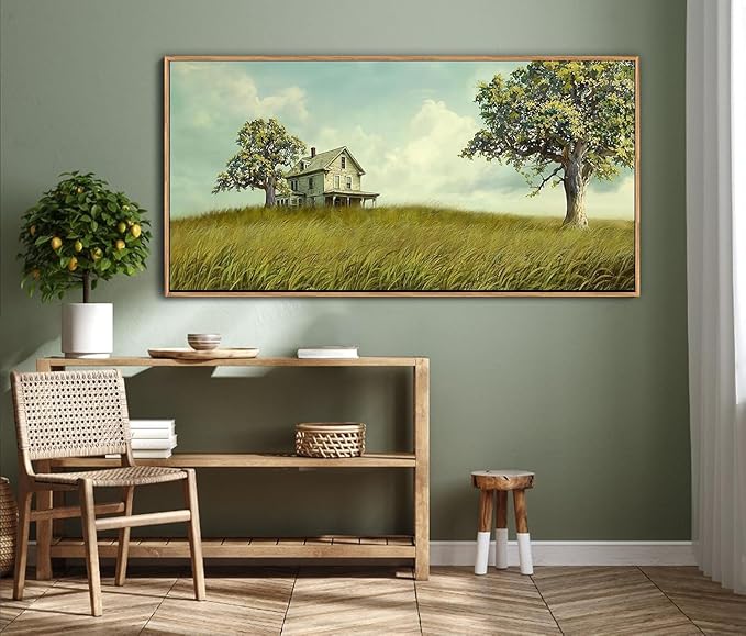 YCPRIMER Large Canvas Wall Art - Village Landscape Decor Retro Farmhouse Picture Yellow Tree Painting Artwork for Dinning Room,Living Room,Kitchen Framed Decoration Size 29×58Inch