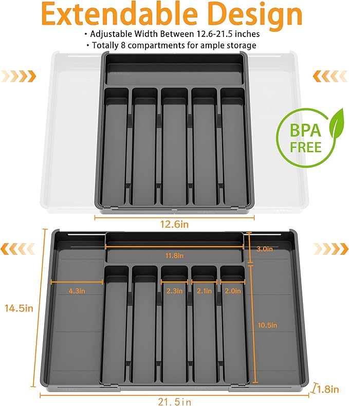 Silverware Drawer Organizer, Expandable Utensil Tray for Kitchen Drawers, BPA Free Flatware and Cutlery Holder, Adjustable Plastic Storage for Utensil like Spoons, Forks, Knives.Black