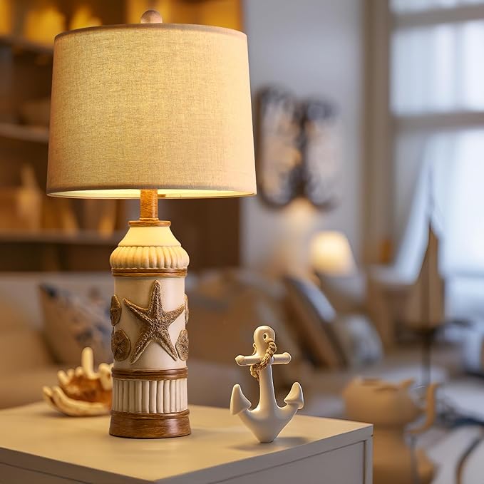 OYEARS 24“ Table Lamp for Bedroom, Boho Table Lamp for Living Room, Bedside Nightstand Lamp, Coastal Nautical Lamp with Starfish Conch Pattern for Decor, End Table, Vintage Retro Beach, Off White