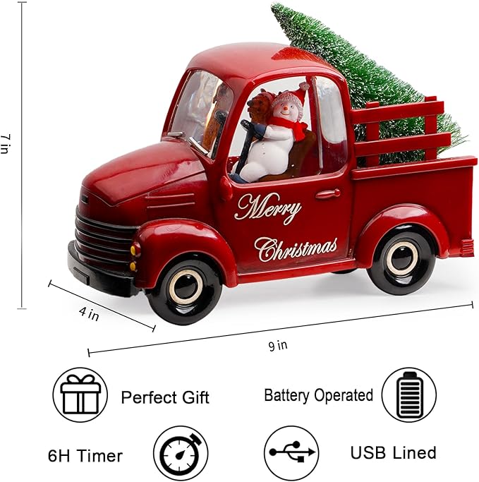 Snowman Christmas Snow Globes Red Truck Carrying Christmas Tree Water Lantern, 8 Christmas Music, Holiday Decorations Gifts for Family, Children or Friends