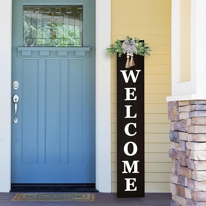 Outdoor Welcome Sign for Front Door Standing 47"X8" Large Farmhouse Wood Framed Tall Leaner Vertical Decor Rustic Home Outside Welcome Sign for Front Porch Decoration (Black)