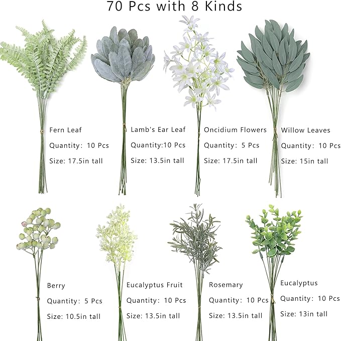 FOTEEWL 70 Pcs Artificial Greenery Stems Box Set,with 8 Kinds of Faux Plants and Fake Flowers for DIY Bridal Bouquets Wedding Floral Arrangement Table Centerpieces Decoration (Sage Green & White)