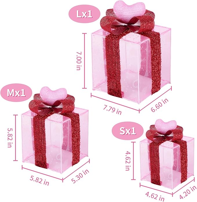 Pink Decorations Lighted Gift Boxes with Pink Cloth, Pre-lit Lights Gift Boxes Set of 3, Light up Present Boxes Set Battery Operated with Different Sizes for Holiday Indoor Decorations