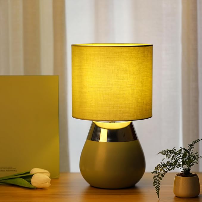Small Modern Touch Eye Protection Bedside Table Lamp, 7 x 7 x 12 Inch Light Green Metal Base Table Lamp for Bedrooms and Office (Light Green Fabric Lampshade)