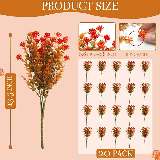 20 Bundles Artificial Fall Flowers for Outdoors Fall Decorations-UV Resistant Fake Mums Faux Plant Plastic Flowers Gardens Porch Fireplace Home Autumn Thanksgiving Decor(Brown Eucalyptus Flower)