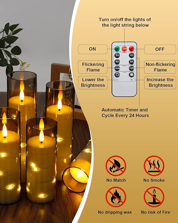 Enido 10 Pc Flameless LED Candles with Remote & Timer, Battery Operated Acrylic Pillar Set, Flickering Electric Lights with Embedded Star String for Cozy Home & Holiday Romantic Decor (Grey)
